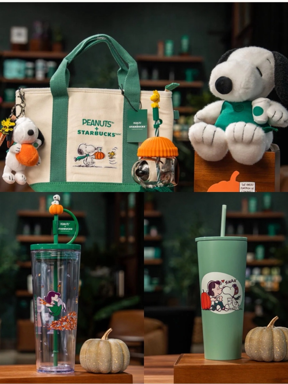 Starbucks Peanuts Snoopy Halloween Cold Tumblers Glass Bear Tote Bag Charm Set